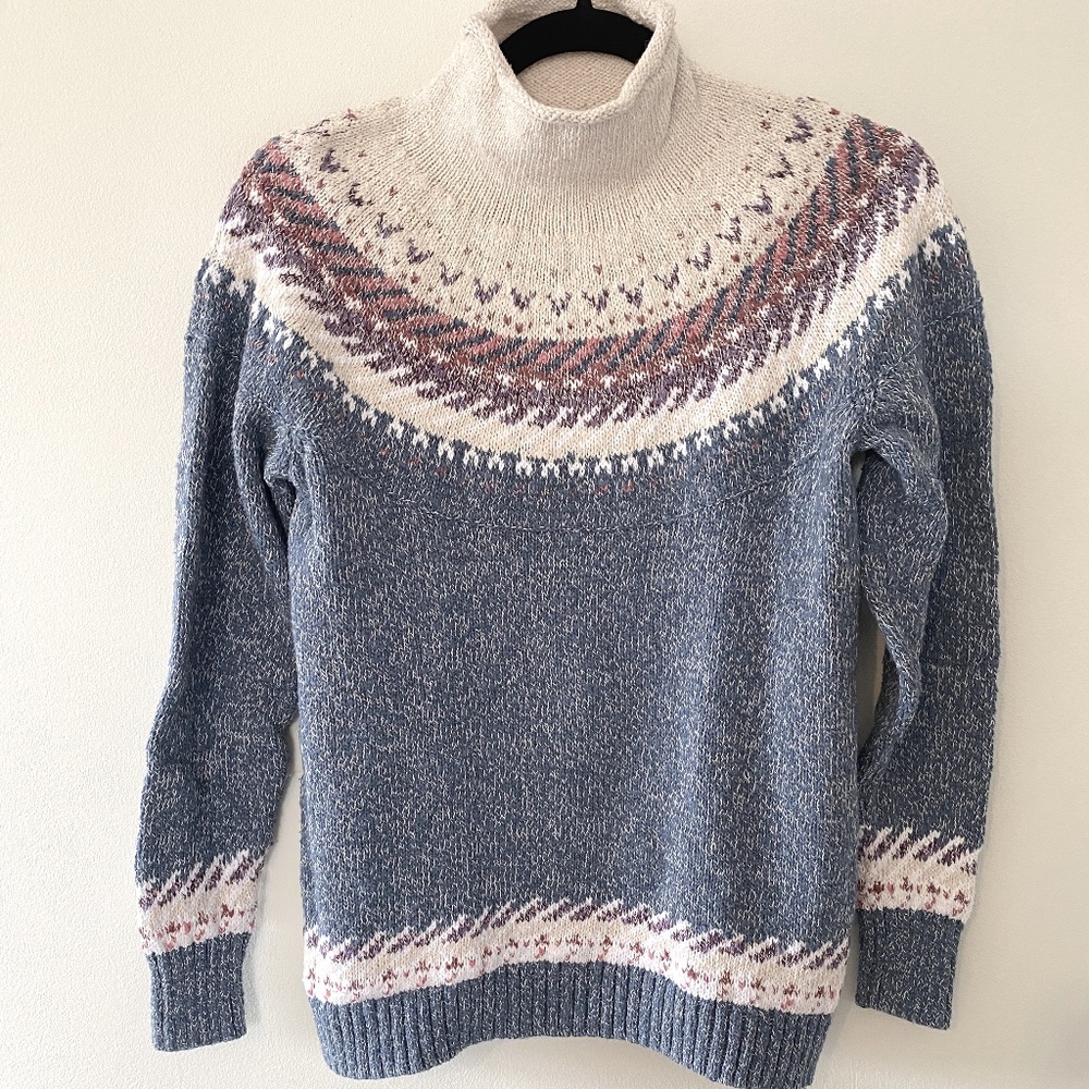 Cotton Ragg Sweater, Funnelneck Pullover Fair Isle